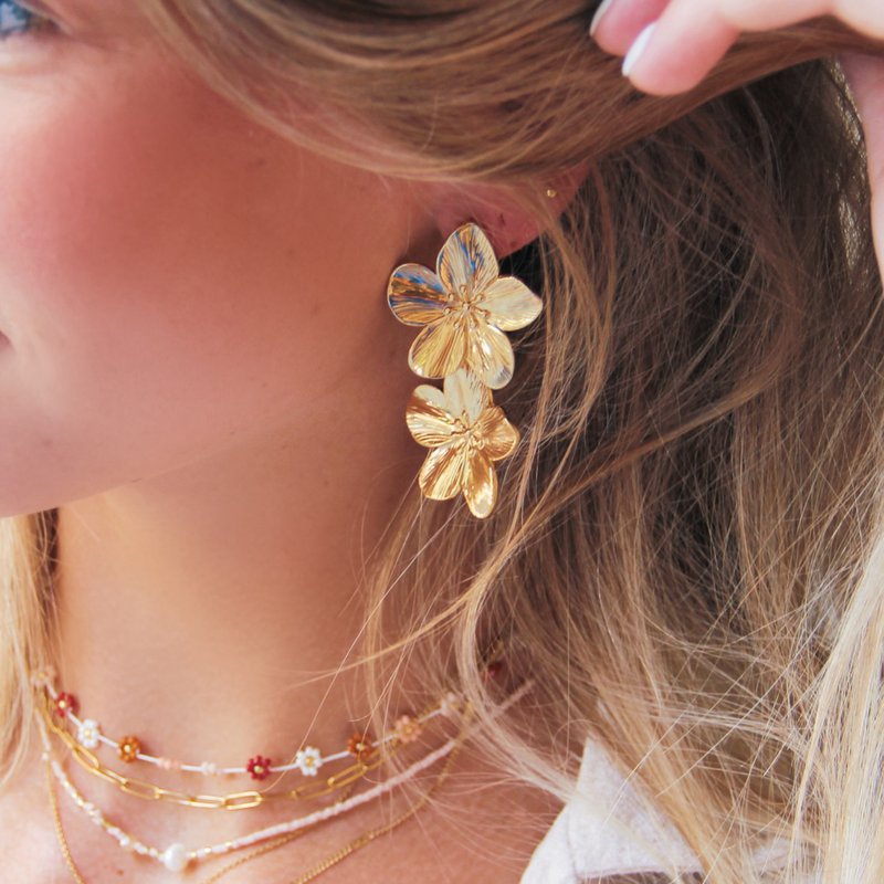 Boucle d'oreille déclaration acier inoxydable 2 fleurs - or