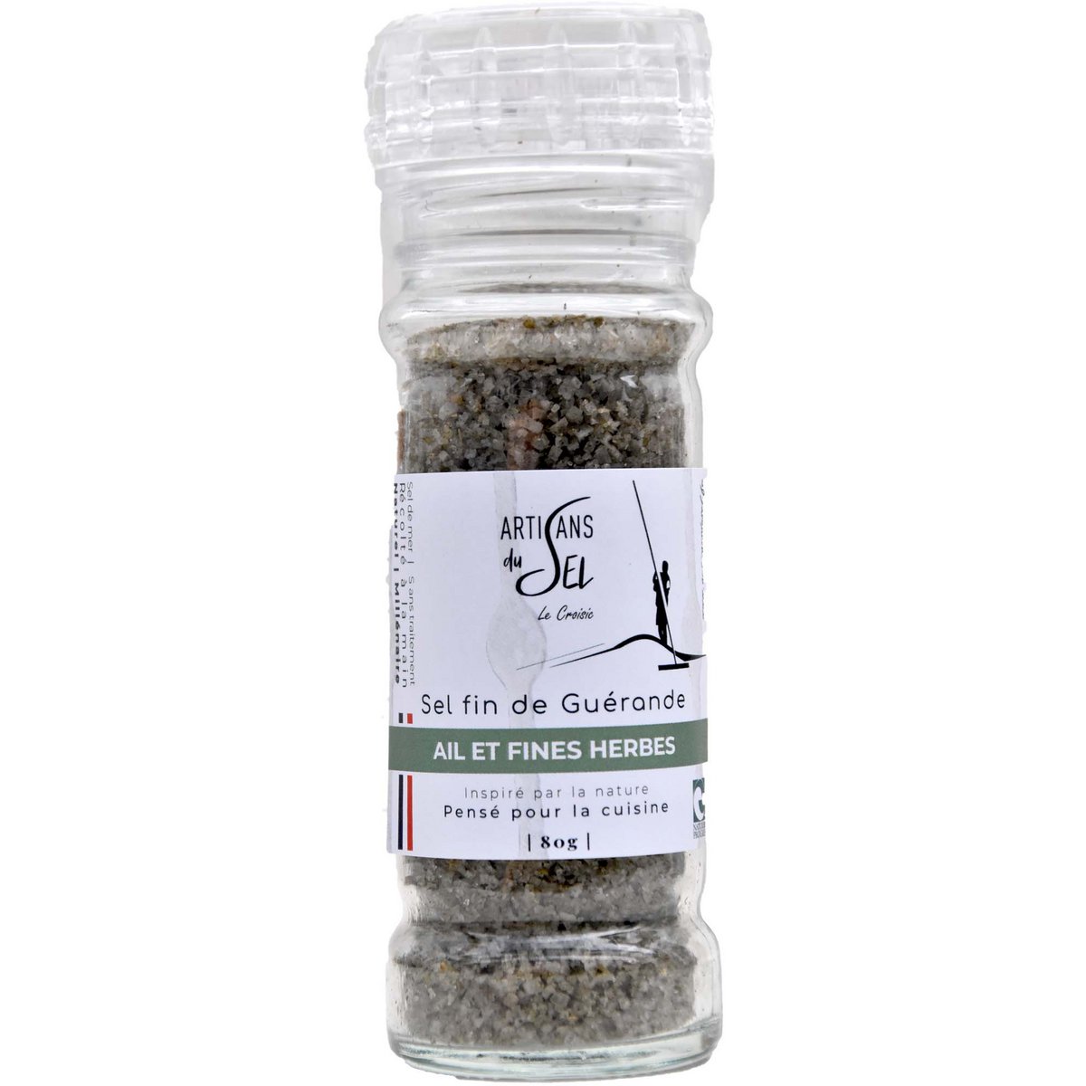 Fijn zout van Guérande met knoflook en fijne kruiden - 80gr oplaadbare molen - ambachtslieden van zout