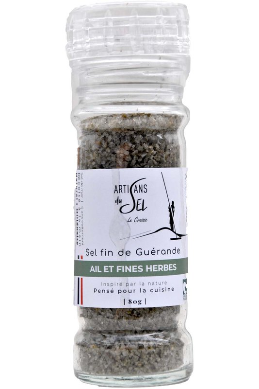 Fijn zout van Guérande met knoflook en fijne kruiden - 80gr oplaadbare molen - ambachtslieden van zout