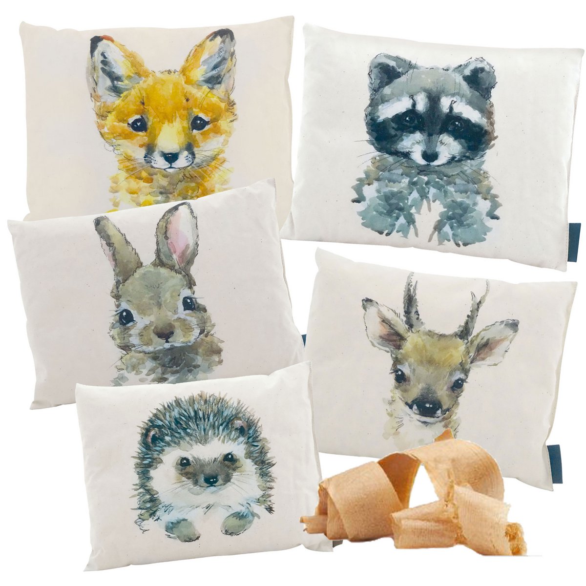 10 grenen kussens display: egel, vos, hert & Co. | 100% grenen | Natuurcadeauset | Kalmerend natuurlijk kussen met bosdiermotieven