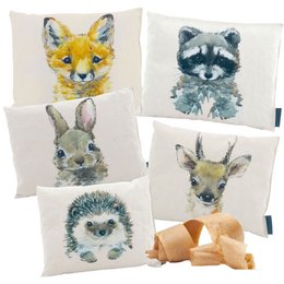 10 grenen kussens display: egel, vos, hert & Co. | 100% grenen | Natuurcadeauset | Kalmerend natuurlijk kussen met bosdiermotieven