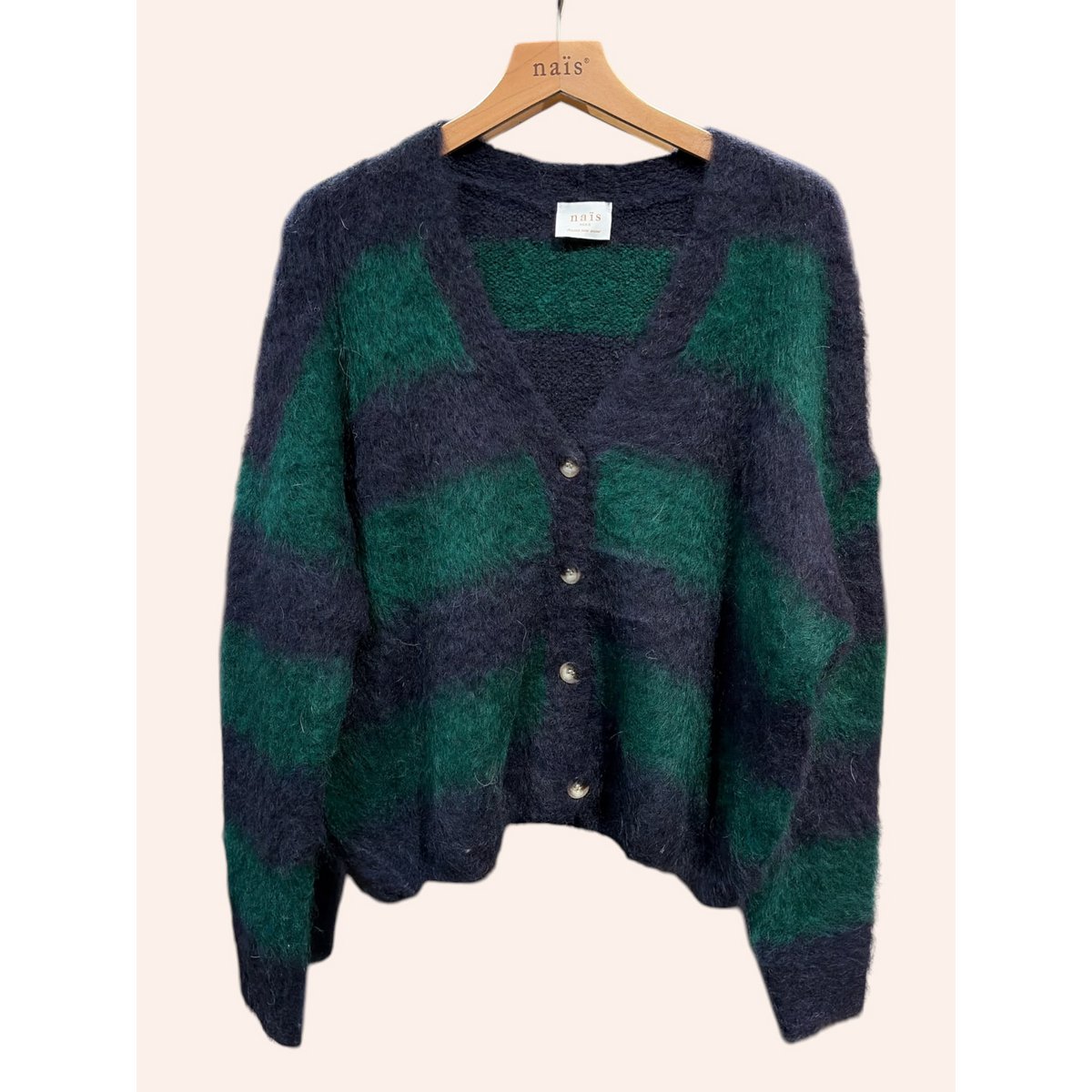 Cardigan col V à rayures manches longues en kid mohair et laine