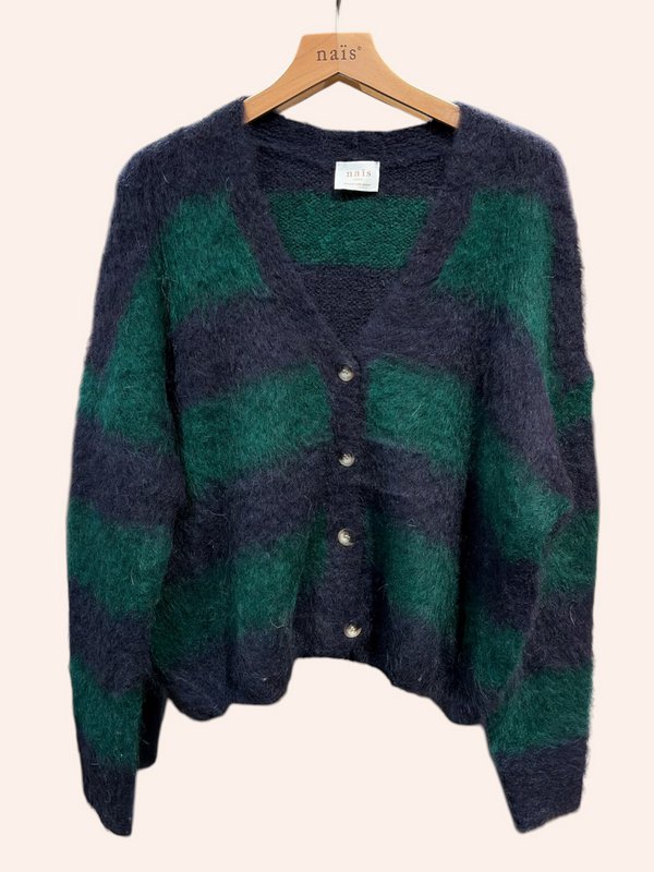 Cardigan col V à rayures manches longues en kid mohair et laine