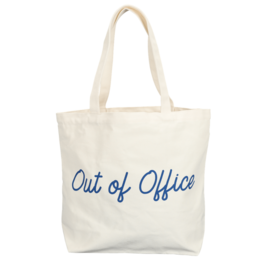 A large, off-white canvas tote bag with the text "Out of Office" printed in blue on the front. The bag has sturdy handles and appears to be made of durable, high-quality material. This versatile shopper bag is perfect for everyday use, travel, or as a stylish accessory.