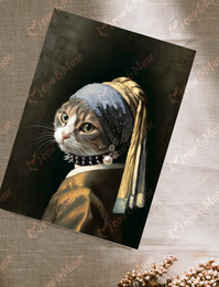 A postcard featuring a cat wearing a pearl earring, inspired by the famous painting "Girl with a Pearl Earring" by Johannes Vermeer. The cat has a punk-inspired look, with a studded collar and a serious expression.