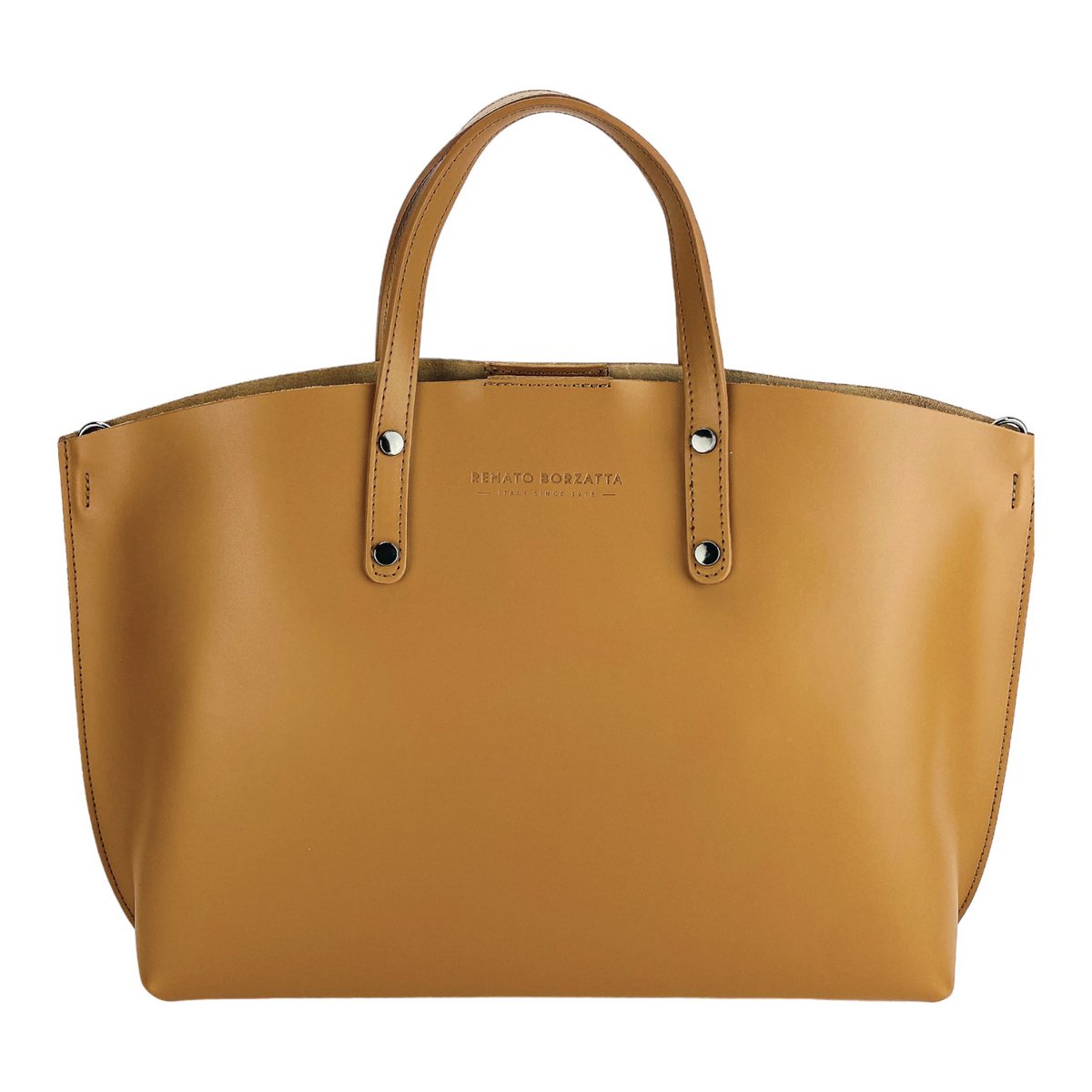 RB1024S | Borsa Donna a Mano in Vera Pelle Made in Italy con tracolla removibile. Sacca grande interna estraibile. Accessori Canna di Fucile Lucido - Colore Cognac - Dimensioni: cm 48x31x11