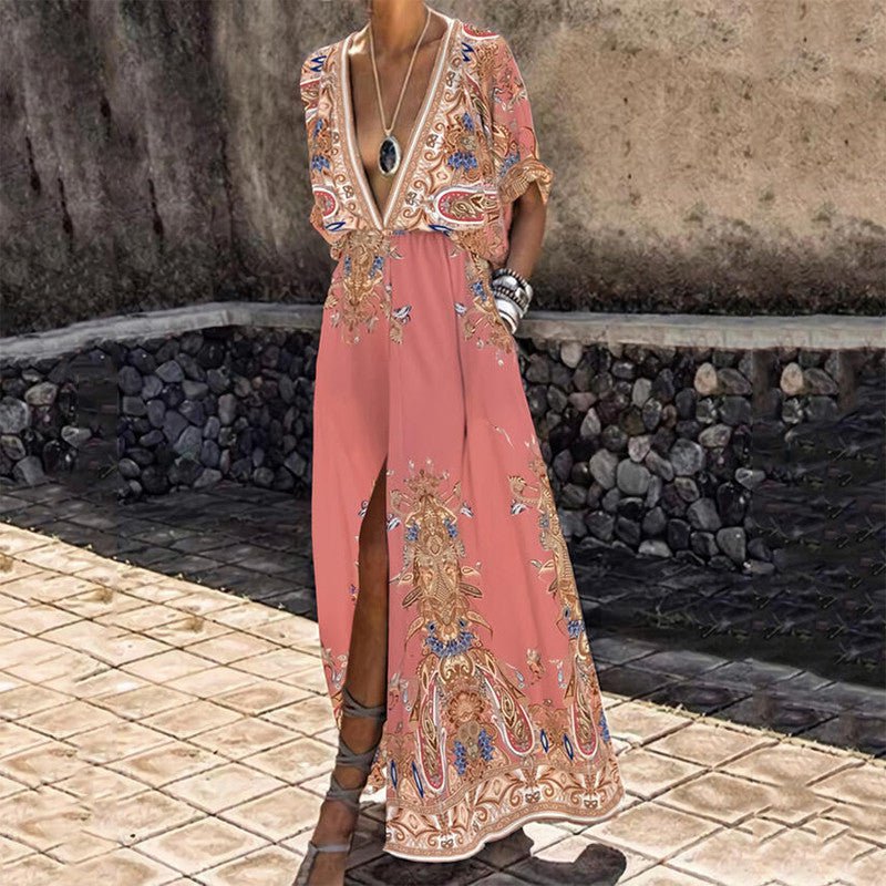 Vintage-Muster bedrucktes Boho-langes Kleid für Damen, sexy, tiefer V-Ausschnitt