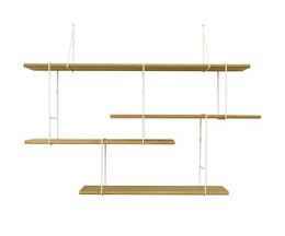 Oak and white shelving unit with multiple tiers for storage and display.