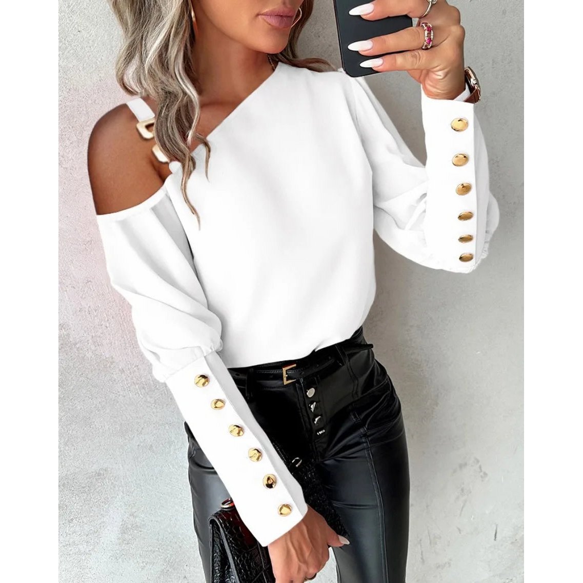 Mode lanterne manches bouton épissage chemise femmes élégant bureau banlieue O cou Blouse femme automne printemps quotidien décontracté hauts
