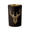 EDZARD Windlicht Teelichthalter Teelichtglas Wald, Hirsch-Motiv, matt-schwarz / gold, Höhe 18 cm