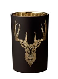 EDZARD lámpara de huracán portavelas de té bosque de vidrio para velas, motivo de venado, negro mate / dorado, altura 18 cm