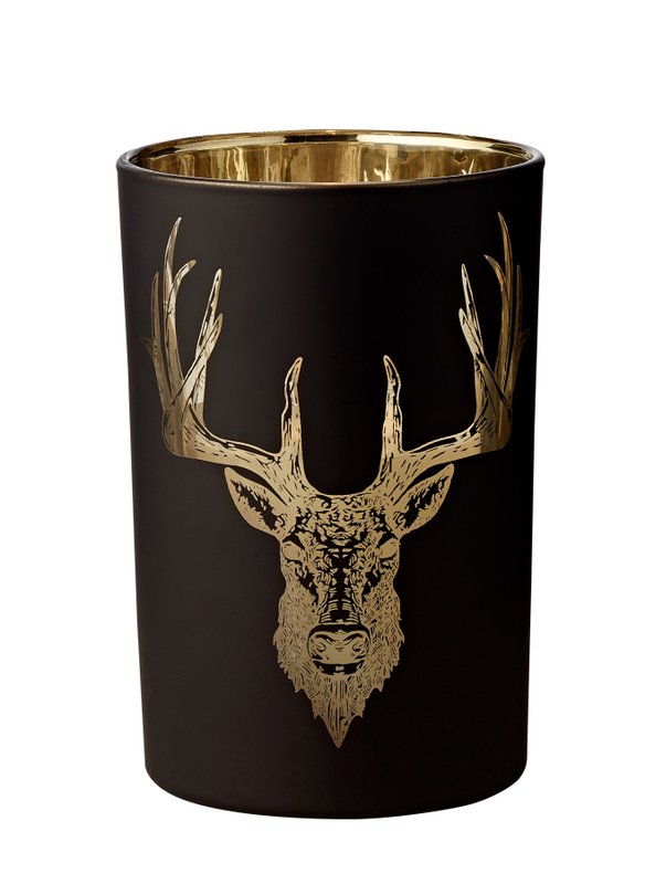 EDZARD lámpara de huracán portavelas de té bosque de vidrio para velas, motivo de venado, negro mate / dorado, altura 18 cm