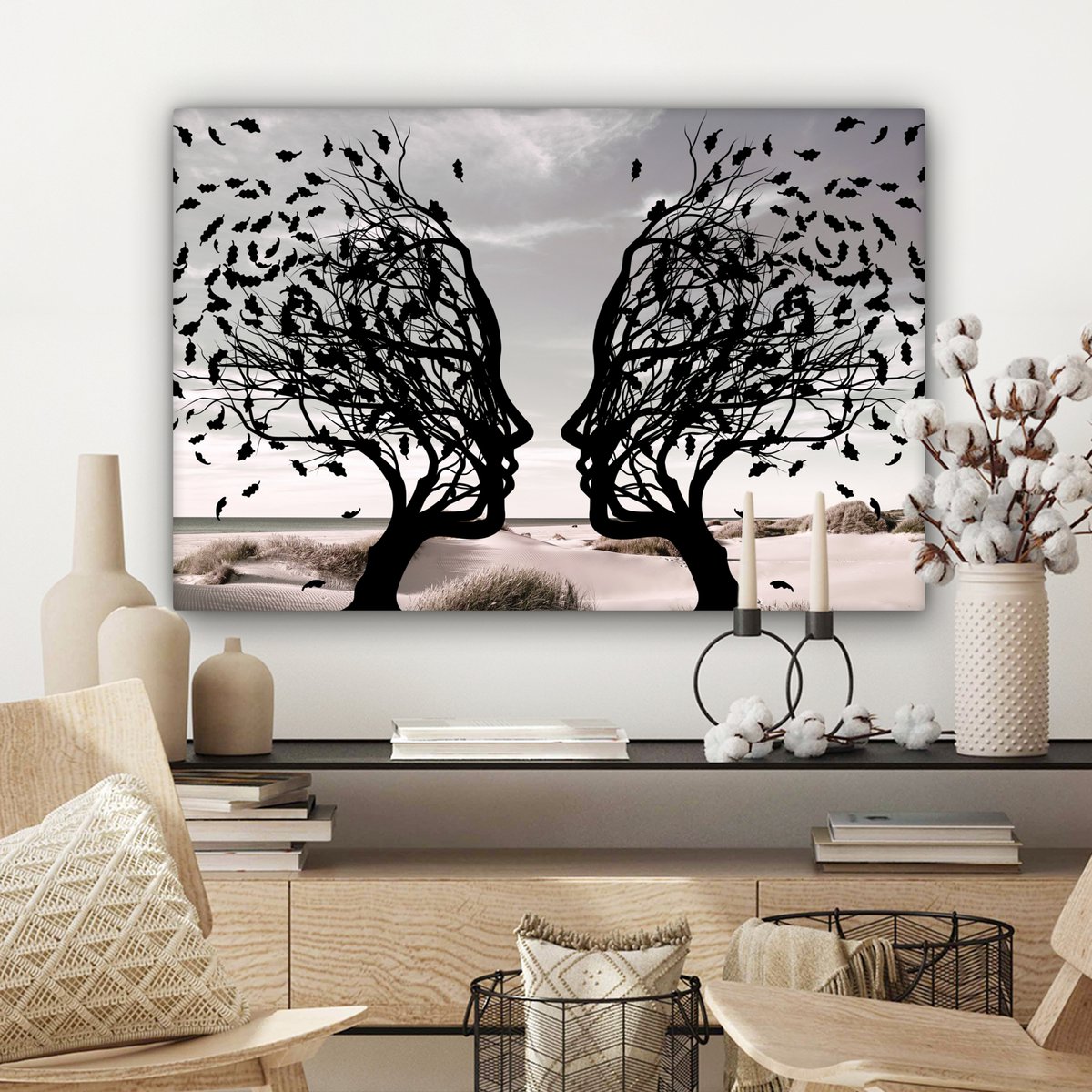 Canvas schilderij  - Wanddecoratie Bomen - Gezicht - Bladeren - Moderne kunst - Muurdecoratie woonkamer - Kamer decoratie modern - Abstracte schilderijen