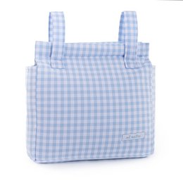 Large capacity stroller organizer bag in blue and white gingham pattern, with multiple pockets for storing baby essentials.