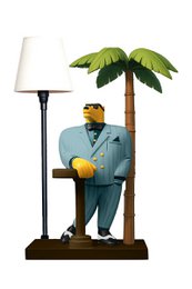 A desk lamp with a palm tree and a stylized figure in a suit standing next to it.