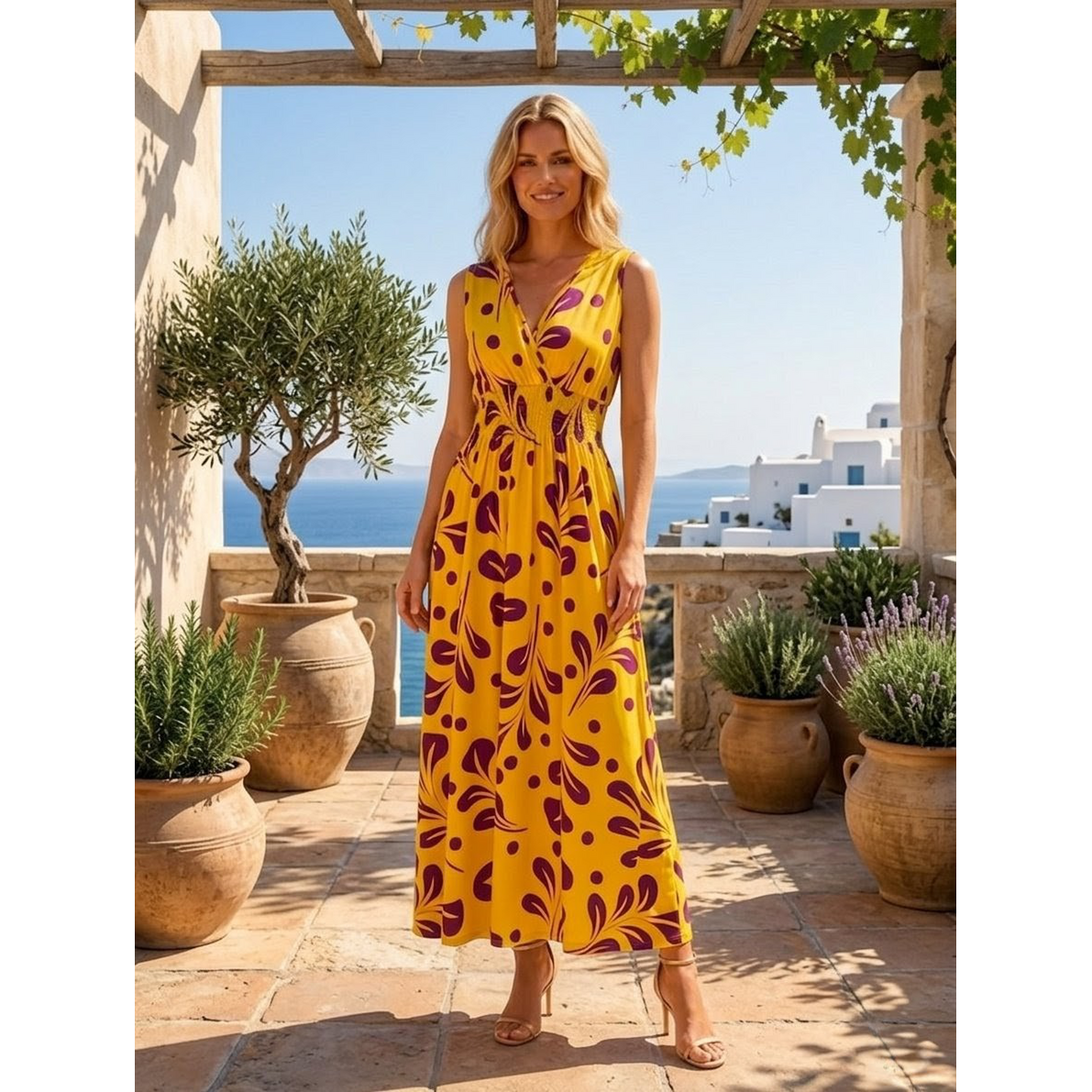 Sukienka maxi „Summer Flamboyant” – impresjonistyczny kwiatowy nadruk i marszczona talia – 602-59