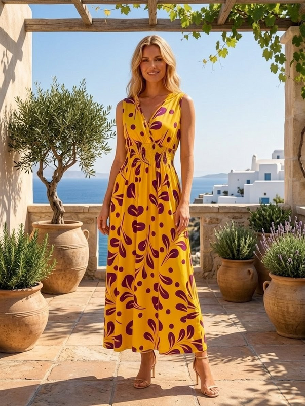 "Summer Flamboyant" Maxikjole – impressionistisk blomsterprint og smocket talje – 602-59