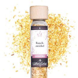  "Smoked onion spice, dried flakes, glass jar with wooden cap, golden yellow granules"
