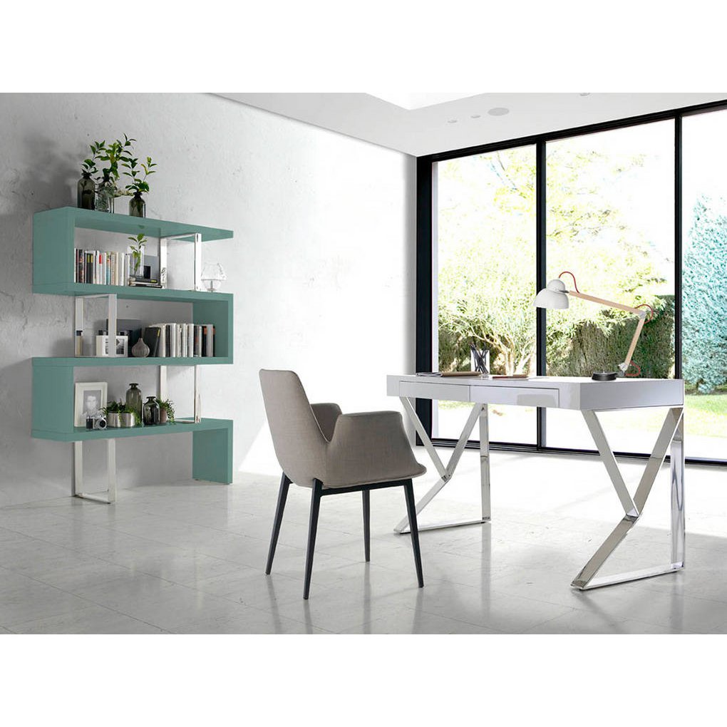 White wooden office desk and chrome steel