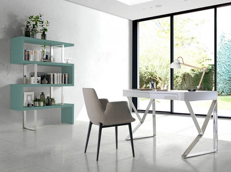 White wooden office desk and chrome steel