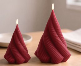 Burgundy red spiral textured cone-shaped decorative candles, modern design, set of two.
