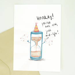  Colorful birthday card with an hourglass illustration and a celebratory message. The card features a whimsical design and a humorous tone, making it suitable for a milestone birthday or other special occasion.