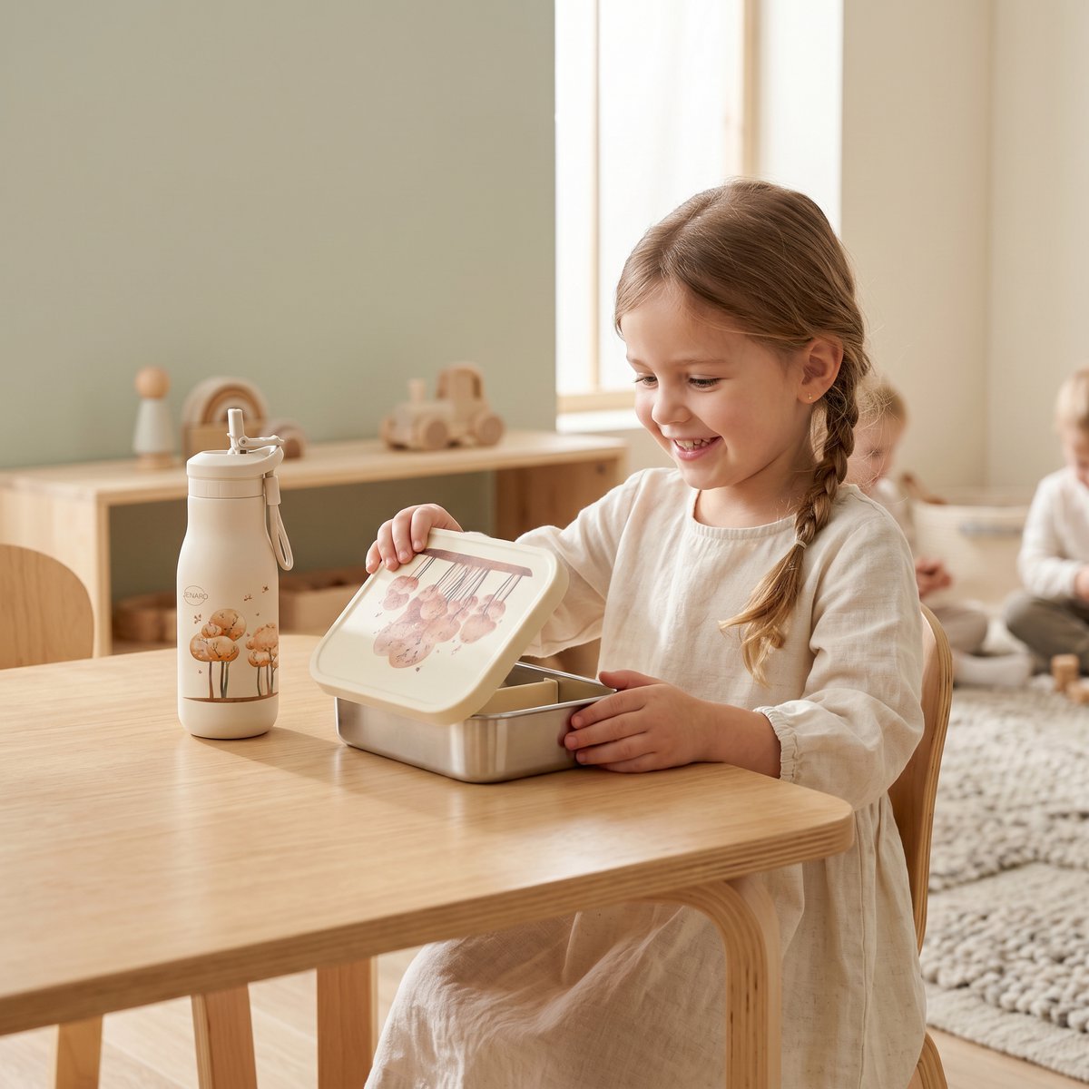 Jenard® Brotdose für Kinder, Edelstahl mit Silikondeckel, inkl. Trennfach, Creme / Wald mit Tiere