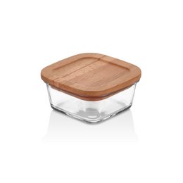 Square glass food storage container with wooden lid, suitable for storing a variety of kitchen items.