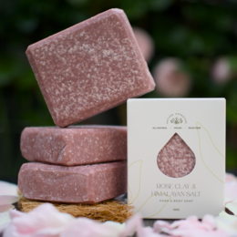 Rose clay and Himalayan salt hand and body soap, vegan and palm-free, 100g bar.