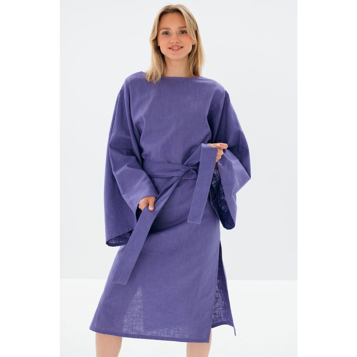 WHISPER — Vestido midi con mangas de kimono de lino lavado a la piedra