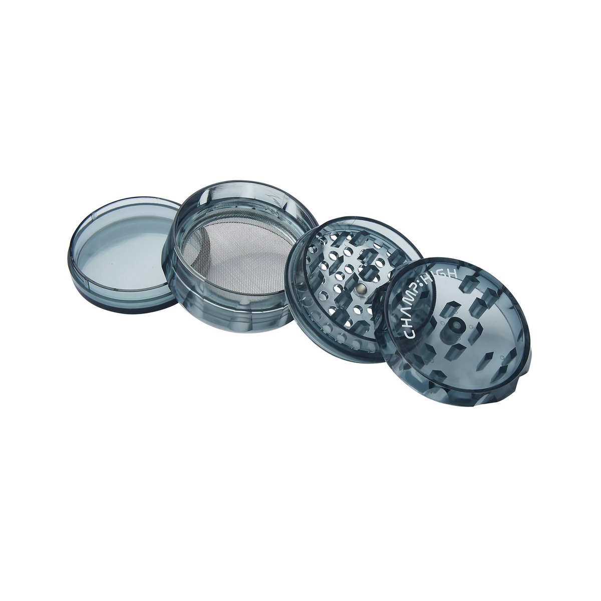 Display van 12 transparante plastic kruidenmolens - roze, wit, geel, groen, zwart en blauw