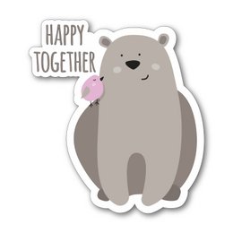 Wooden magnet M8009, a gray bear holding a pink heart-shaped balloon with the text "Happy Together" on a white background.