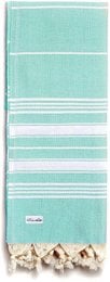 Seafoam green and white striped beach towel, 100% cotton, 170x100 cm in size.