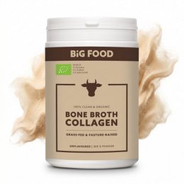 Bone broth collagen powder, organic, beige container, health supplement, nutritional powder.