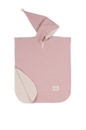 Soft, cozy dusty pink muslin poncho-style bath towel with a modern, minimalist design.
