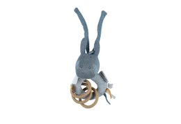 Soft, plush gray rabbit rattle with wooden rings for baby to grasp and shake.