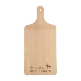  Wooden serving board with text "Keurig Lekkers" and a horse icon. Rectangular shape with a handle. Suitable for serving food, charcuterie, or as a cutting board.