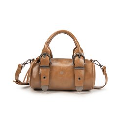  Camel leather shoulder bag, structured barrel shape, dual handles, crossbody strap, vintage style handbag