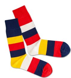 Colorful striped socks in a variety of sizes, featuring bold red, blue, yellow, and white stripes for a stylish and eye-catching look.