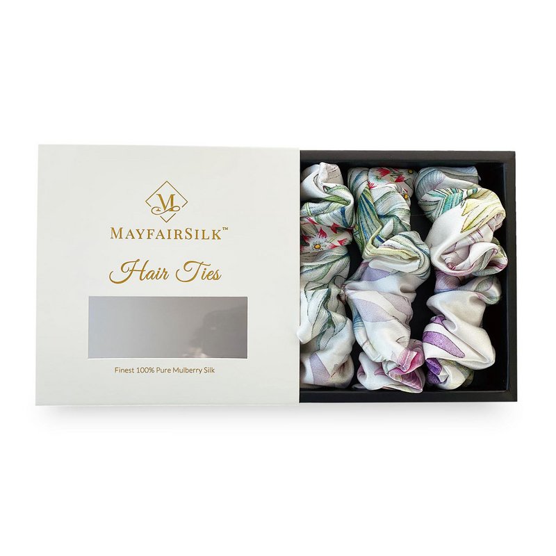 Iridescent Garden Silk Scrunchies Set with White, Green and Purple Detail