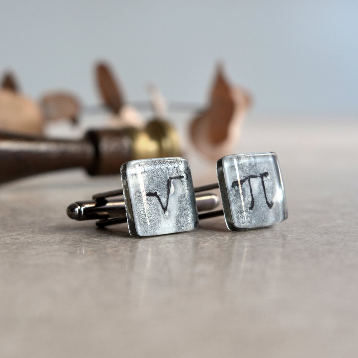 Science cuff links with math symbols Pi and square root, Grey color, Wedding accessories for men