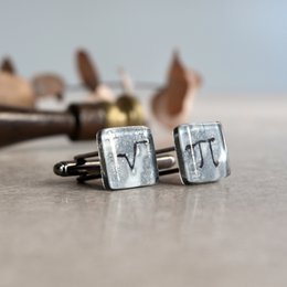Science cuff links with math symbols Pi and square root, Grey color, Wedding accessories for men