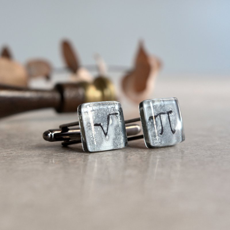 Science cuff links with math symbols Pi and square root, Grey color, Wedding accessories for men