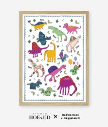 A colorful A3 poster featuring a variety of dinosaur illustrations in vibrant hues. The poster showcases different dinosaur shapes, sizes, and styles, making it a visually engaging piece for a child's room or nursery.