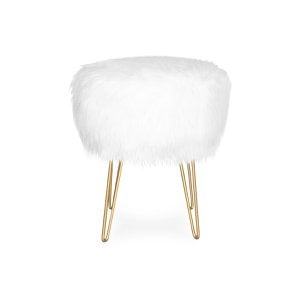 Ida stool, white faux fur, gold metal legs