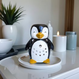 Brændt-parfum pingvin i håndmalet keramisk-diffuser essentielle olier, parfume eller voks-12,5 cm-kokooning vinter atmosfære-original velvære dekoration