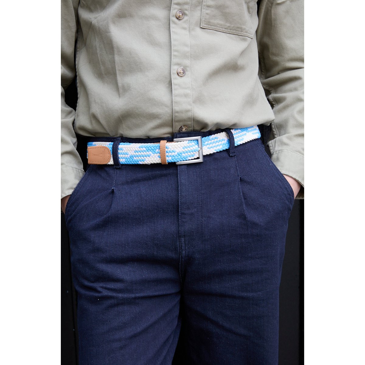 Beige white elastic braided belt