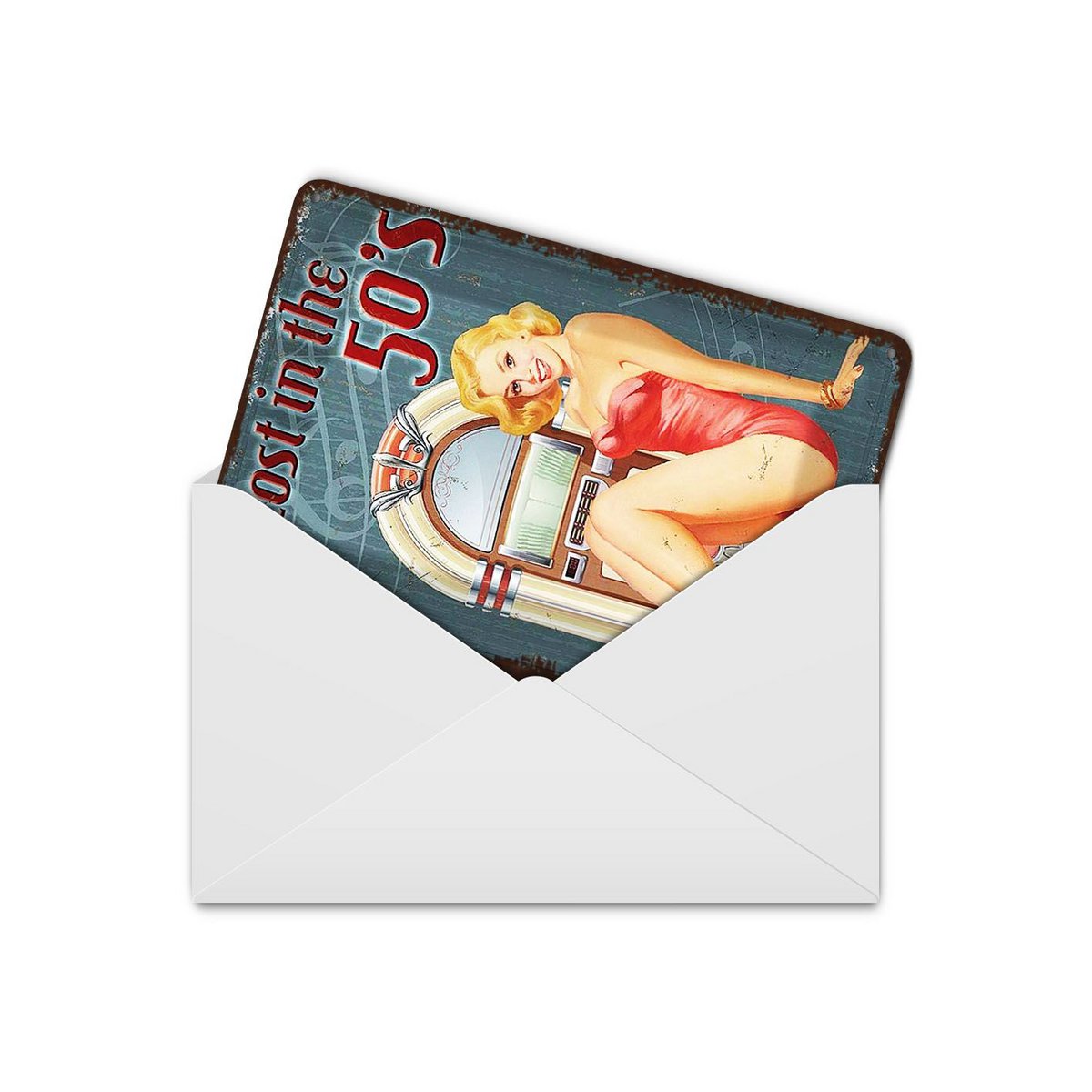 Tin postcard retro 10x14 cm Lost in the 50s woman with jute box decorative sign