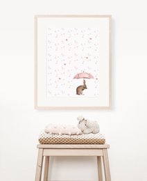 Conejito con póster rosa para paraguas y flores, póster de conejito, lindo póster de conejito, póster de habitación de niñas rosas, estampado de conejito lindo, estampado de arte de guardería de niñas, habitación para niñas