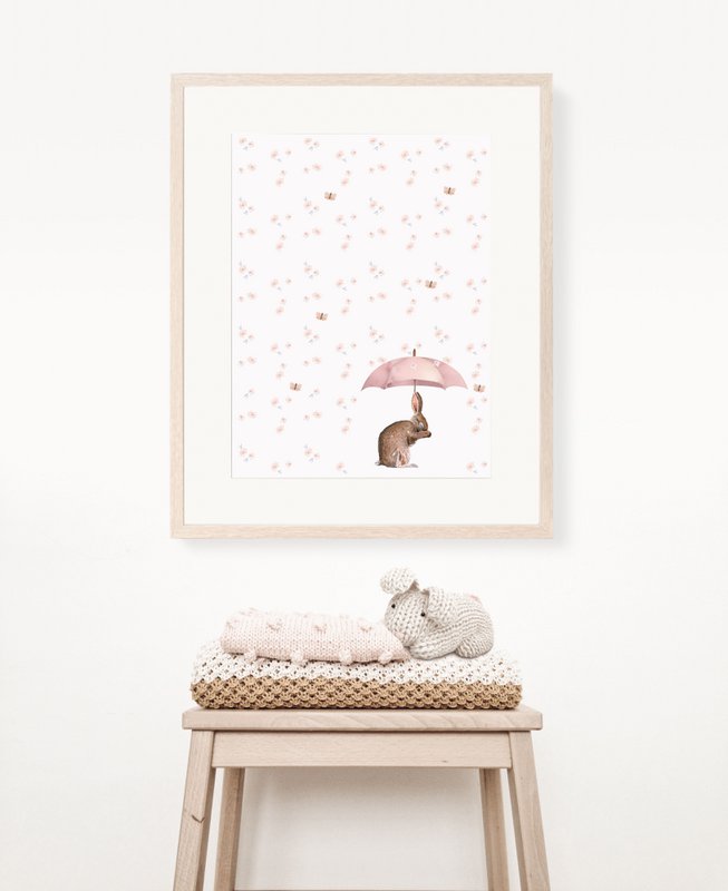 Conejito con póster rosa para paraguas y flores, póster de conejito, lindo póster de conejito, póster de habitación de niñas rosas, estampado de conejito lindo, estampado de arte de guardería de niñas, habitación para niñas